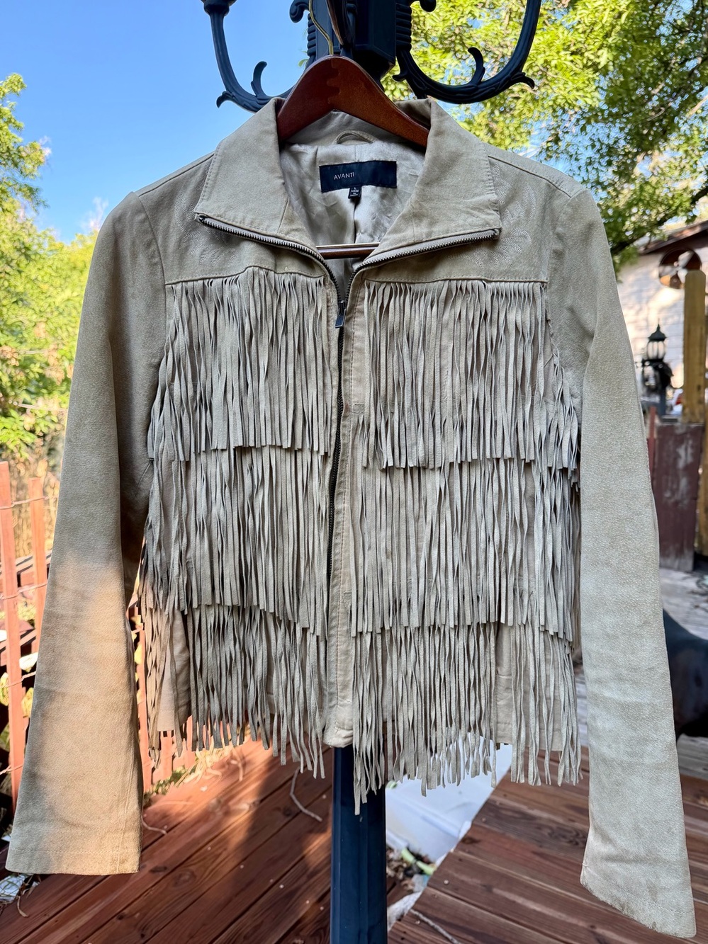 Suede Fringe Jacket Western Boho Tan Embroidered Leather Women’s L Avanti